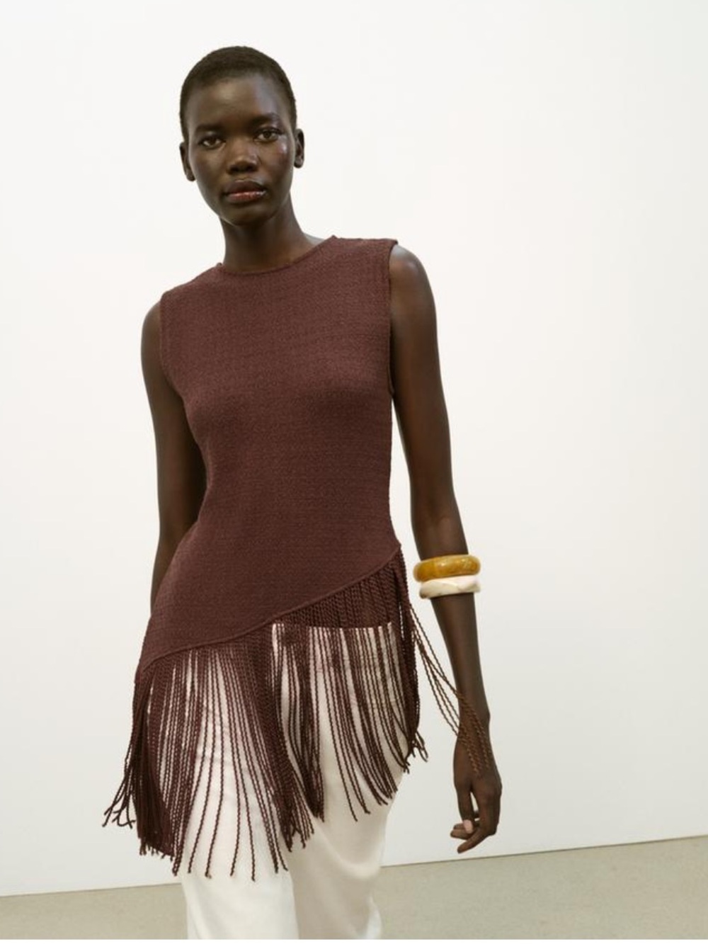 Zara Dark Brown Sleeveless Fringe Knit Tank